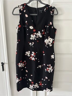 Ann Taylor Black Floral Midi Dress with Red and White Blooms